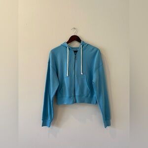 Arizona Jean Co Hoodie Sweater Large Cropped Hood Fleece Drawstring Pockets Blue